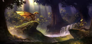 金龍在長滿苔蘚的岩石上休息，身處魔法森林，有瀑布和陽光。