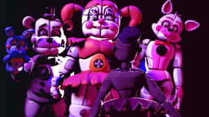 在粉紅和紫色燈光的黑暗房間中的《Five Nights at Freddy's》機械人偶。