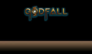 Godfall 遊戲標誌，金色和藍綠色字體在黑色背景上 — 神之隕落 壁紙