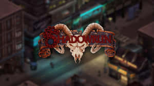 帶有公羊頭骨和機械角的 Shadowrun 標誌，位於夜晚的賽博龐克城市之上。