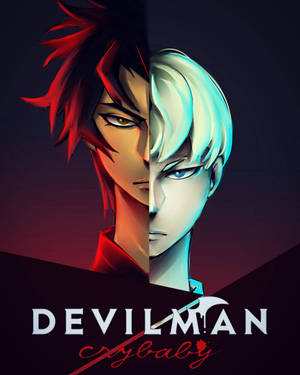 動漫角色分裂面孔，紅色和藍色兩半，標題為 Devilman Crybaby