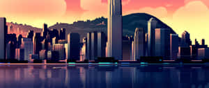 夕陽下的城市天際線，摩天大樓和水面倒影 — 2560x1080 壁紙