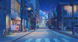 夜晚寧靜的日本城市街道，發光的招牌和濕漉漉的人行道反射著星星。