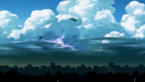 在暴風雨的天空下，黃昏時分的動畫城市天際線，帶有紫色閃電。
