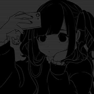 雙馬尾動漫女孩在單色線條藝術中用手機自拍。
