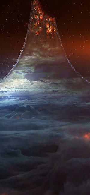 在繁星點點的夜空下，一座發光的宇宙塔從雲層中升起。