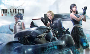 在科幻場景中，Final Fantasy VII角色與未來風格的電單車。