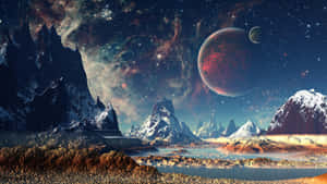星空下，白雪覆蓋的外星山脈，伴隨紅色行星和發光星雲。