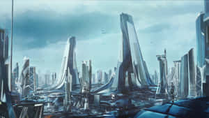 未來城市，高聳的金屬建築物和飛行車輛，天空多雲。 — 未來城市 壁紙