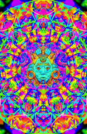 鮮豔的霓虹曼陀羅，中央有一個神靈面孔，帶有複雜的幾何圖案。