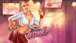 一位微笑的女性穿著白色露臍上衣和格紋裙，站在帶有「Fame OR Shame」文字的遊戲節目場景中。