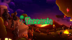 在 Terraria 遊戲場景中，角色在星光燦爛的黃昏天空下聚集在營火周圍。