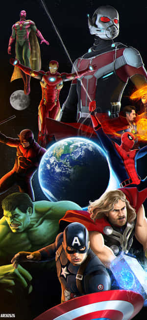 Marvel 超級英雄在太空中圍繞發光的地球擺出動態姿勢。