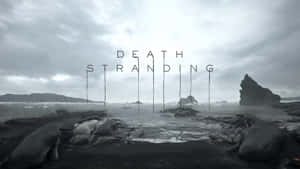 暴風雨的黑沙灘上散落著鯨魚屍體，遊戲標題 Death Stranding 懸浮在上方。