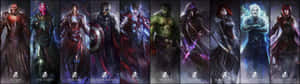 漫威角色包括 Utron、Vision、Iron Man、Captain America、Thor、Hulk、Hawkeye、Black Widow、Quicksilver 和 Scarlet Witch。 — 32:9 壁紙