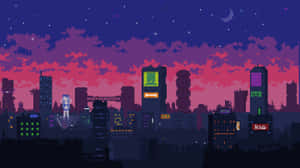 夜晚的像素化城市景觀，帶有發光標誌和彎月。