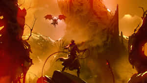 戰士手持鎖鏈武器在火紅黃昏中對抗飛龍。 — 惡魔 壁紙