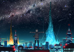 動漫女孩在屋頂上俯瞰著星空下發光的未來城市