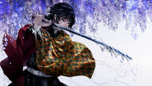 動漫戰士以動態動作揮劍斬過紫色紫藤花。