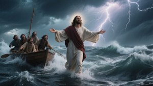 耶穌在洶湧的海浪上行走，閃電在驚恐的男子船隻上方閃爍。