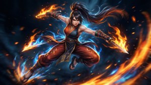 動漫戰士在空中戰鬥，被火與冰效果包圍。