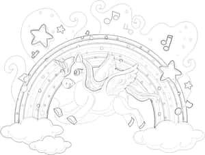 有翼獨角獸在帶有星星和音符的彩虹下跳躍。 — 彩虹 壁紙