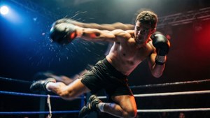 拳擊手在擂台上於舞台燈光下出拳
