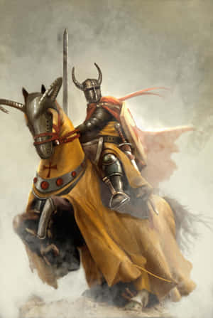 全副武裝的騎士騎著披著飄逸黃色斗篷的裝甲馬穿過迷霧。