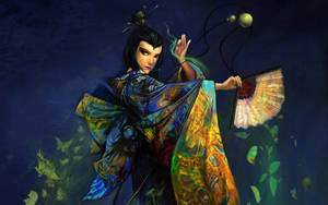 穿著彩色長袍的動漫女性手持扇子，發光的綠色能量在她周圍旋轉。