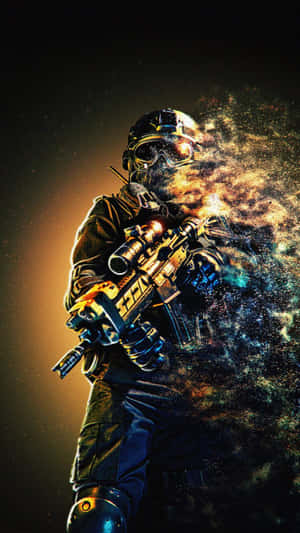 未來戰士手持發光武器和宇宙爆炸效果。