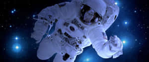 身穿白色太空衣的太空人在太空中漂浮於發光的星星之間。