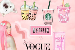 粉紅色主題拼貼畫，女孩、珍珠奶茶、Netflix、Vogue、狗。