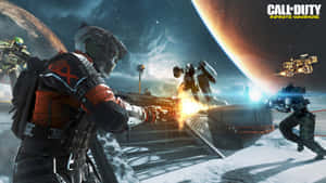 未來士兵在雪地外星行星上使用發光武器戰鬥。 — 使命召喚：現代戰爭 壁紙