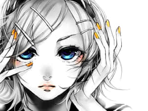 動漫女孩，藍色眼睛和黃色指甲，觸摸她的臉。 — 可愛動漫女仔 壁紙