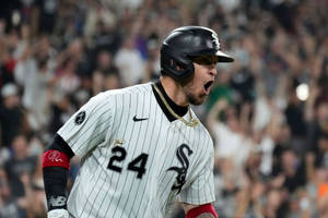 棒球運動員在夜間球場與人群慶祝勝利。 — 棒球 壁紙