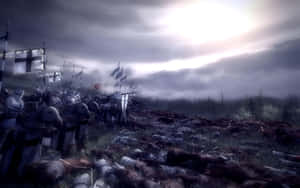 身穿鎧甲的騎士站在黑暗天空下，佈滿陣亡士兵的戰場上。 — 中世紀 GIF 壁紙