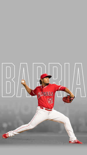 身穿紅色天使隊球衣的棒球投手正在投球，疊加 'BARRIA' 文字。 — 棒球 壁紙