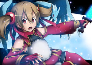 動漫戰士少女喺星空太空場景中手持劍同龍。 — 刀劍神域 GIF 壁紙