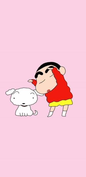 蠟筆小新在粉紅色背景上擁抱他的小狗靜香。 — 崔宇植 GIF 壁紙