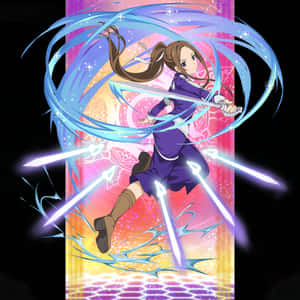 動漫女孩以動態的動作姿勢揮舞著發光的劍，伴隨著旋轉的能量效果。 — 刀劍神域 GIF 壁紙