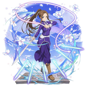 身穿紫色服裝的動漫戰士女孩，被魔法能量和花朵包圍，揮舞著發光的劍。 — 夜晚 壁紙