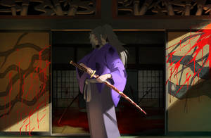 動漫武士穿紫色長袍在血跡斑斑的房間中持刀。