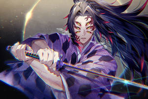 動漫惡魔戰士，眼睛發光，在太空中持劍。