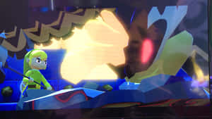 林克在風格化的遊戲場景中與一個發光的紅眼巨人對峙。 — 薩爾達 GIF 壁紙