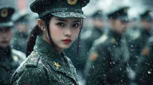 身穿綠色軍裝、佩戴星形徽章的年輕女子站在雪中，身後有模糊的士兵。 — 冬天 壁紙
