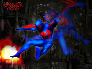 身穿藍色戰衣的Spider-Man 2099在工業場景中伴隨火焰爆炸跳躍。 — 蜘蛛俠 壁紙