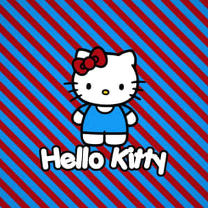 身穿藍色服裝、戴紅色蝴蝶結的Hello Kitty卡通角色，背景為紅藍對角線。 — 可愛貓咪 壁紙