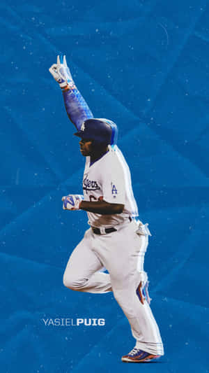 棒球選手Yasiel Puig身穿道奇隊球衣舉起拳頭慶祝。 — 棒球 壁紙
