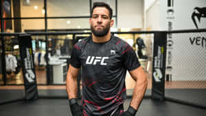 一位身穿UFC裝備的男性MMA拳手站在八角籠內。