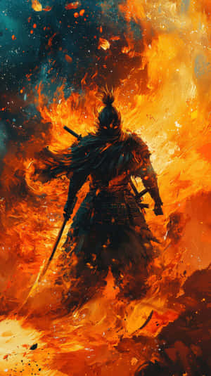 身穿暗色盔甲的武士戰士手持劍，被強烈的橙色火焰和飄浮的餘燼包圍，背景是藍綠色的天空。 — 熱力 壁紙